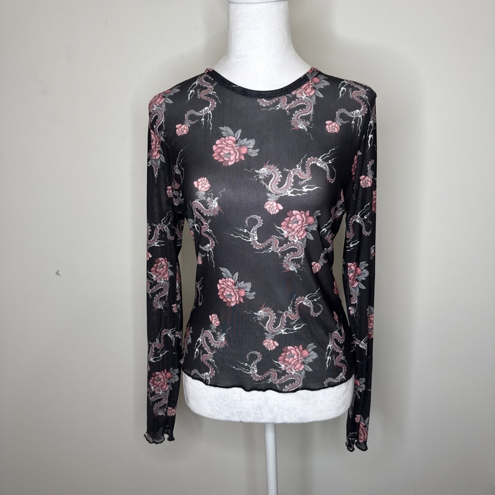 Y2K Dragon Floral Mesh Long Sleeve Top Fairy Grunge Tattoo Whimsigoth Sheer L
